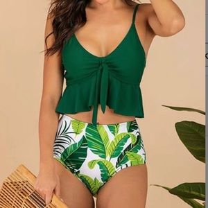 Green Ruffle & Palm Leaves Tankini